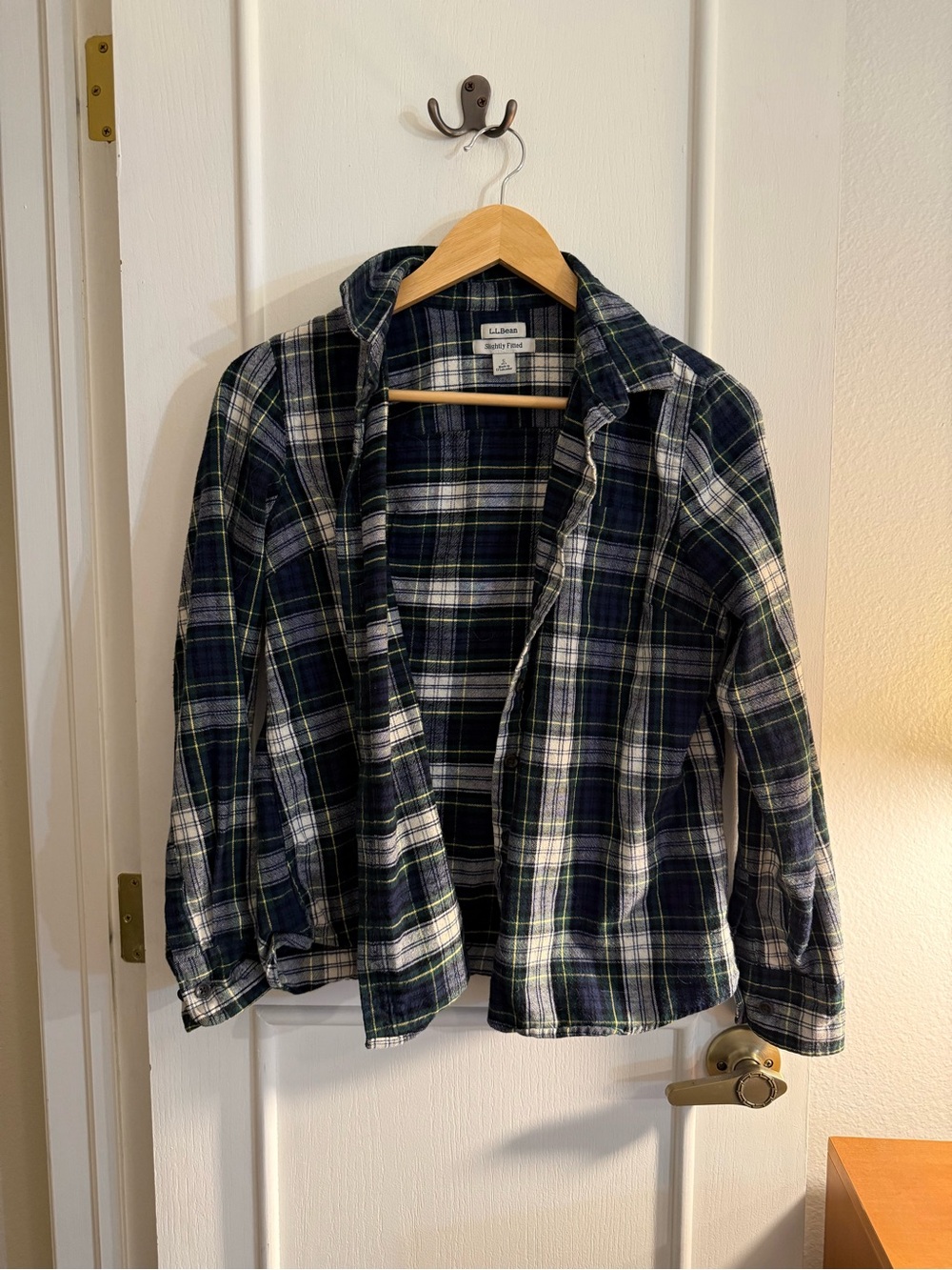 L.L. Bean Navy, Green & White Plaid Flannel Shirt